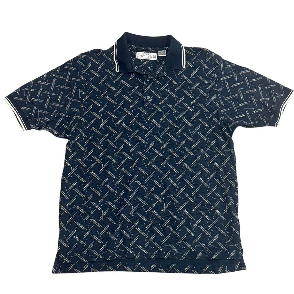 Mens Vintage Grand Slam Navy Blue All-Over Golf Club Print Polo Shirt